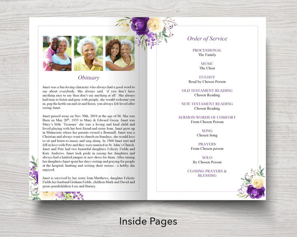 Obituary and order of service in a funeral program template for Word