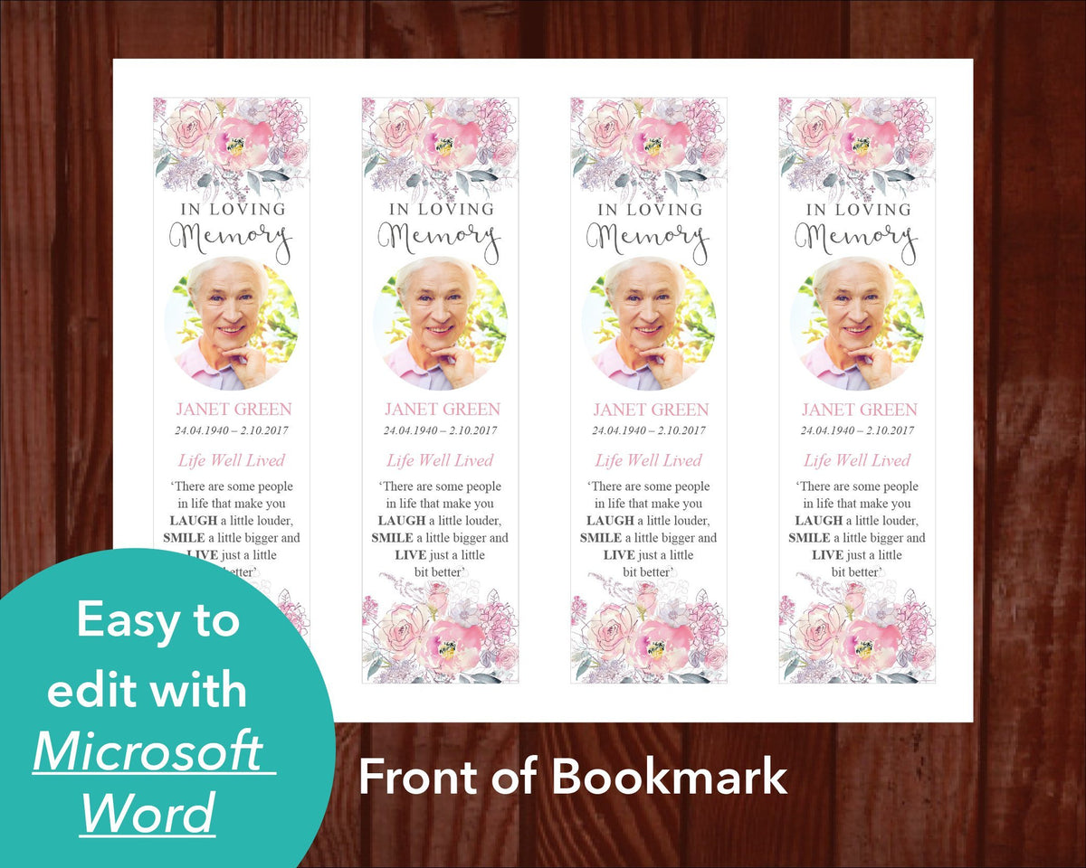 funeral bookmark with pink flowers funeral templates