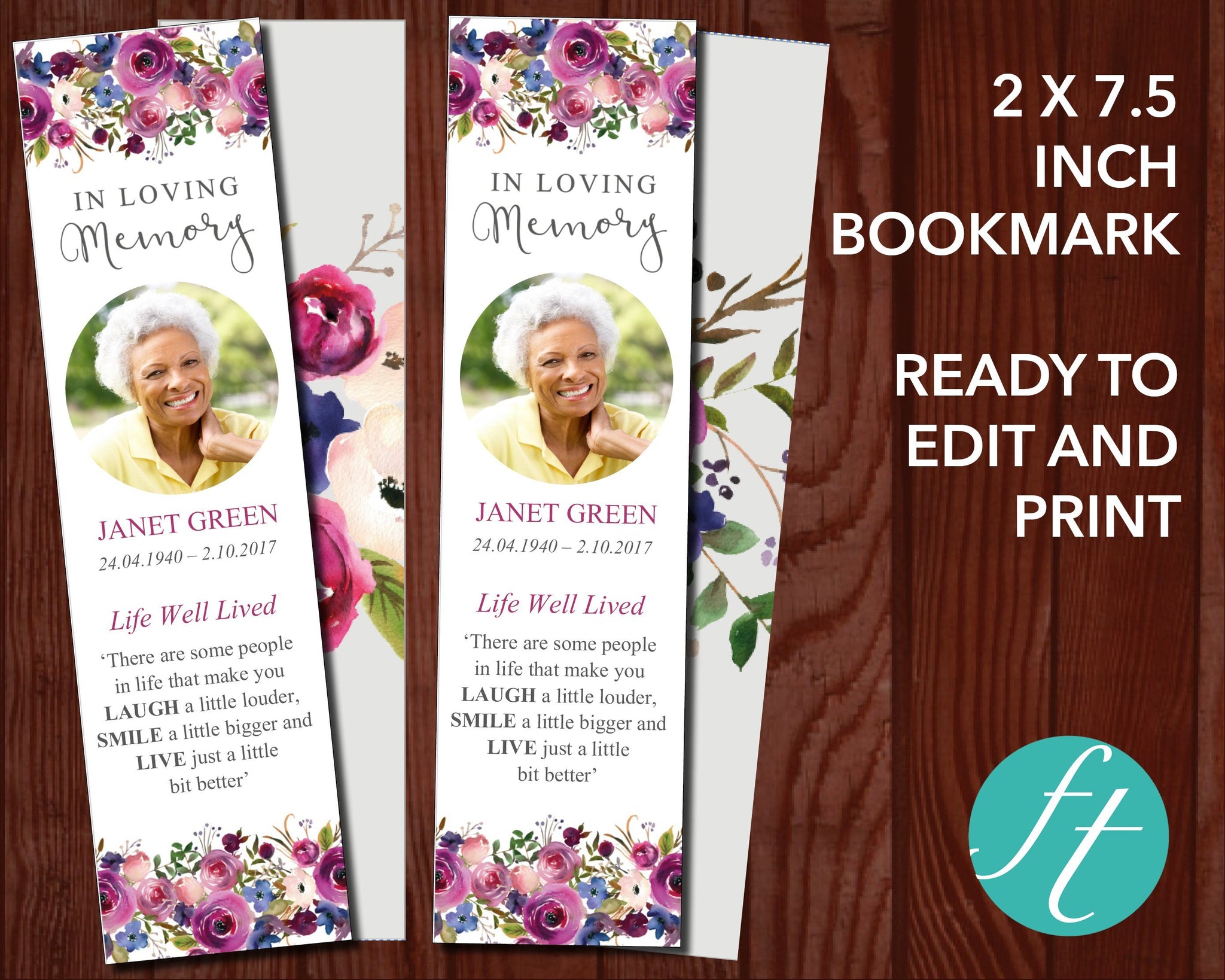 Funeral Bookmark with Purple Roses Funeral Templates