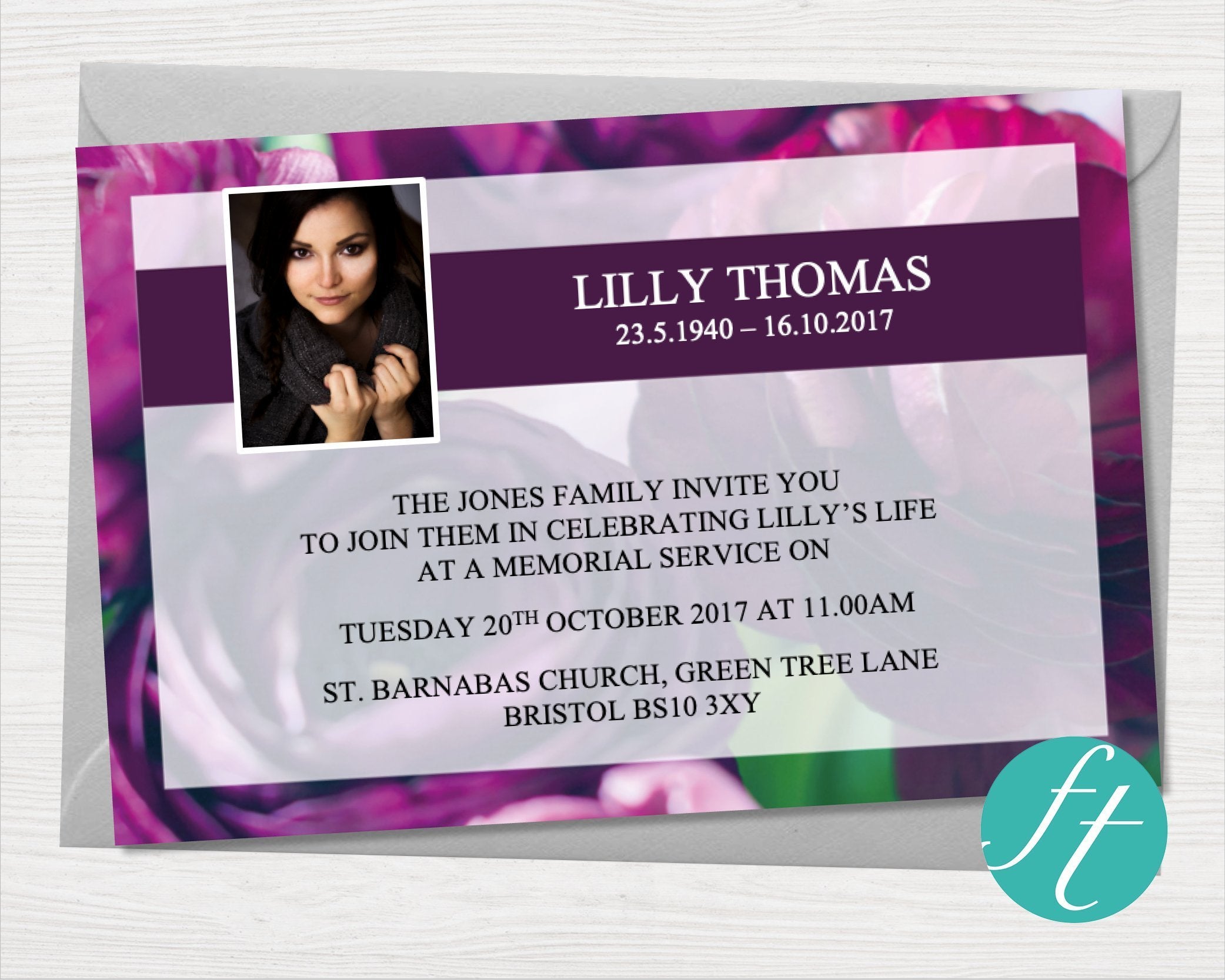 Purple Peonies Funeral Invitation Card Funeral Templates Reviews On