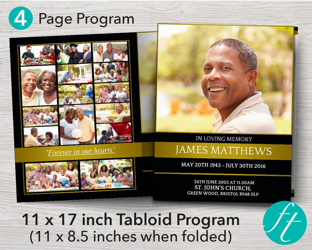 4 Page Golden Funeral Program Template 11 X 17 Inches Funeral Templates