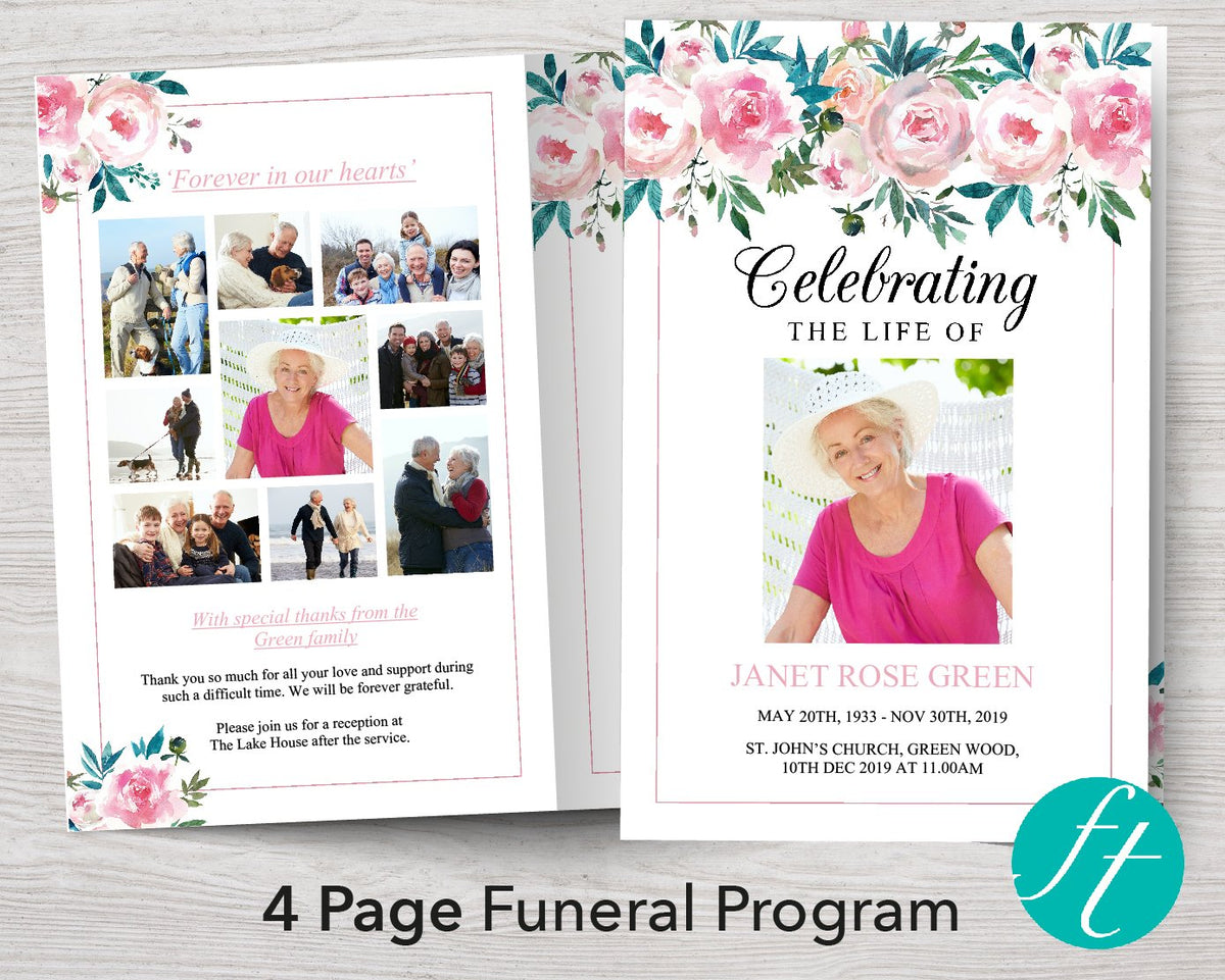 4 Page Peony Pink Funeral Program Template Funeral Templates