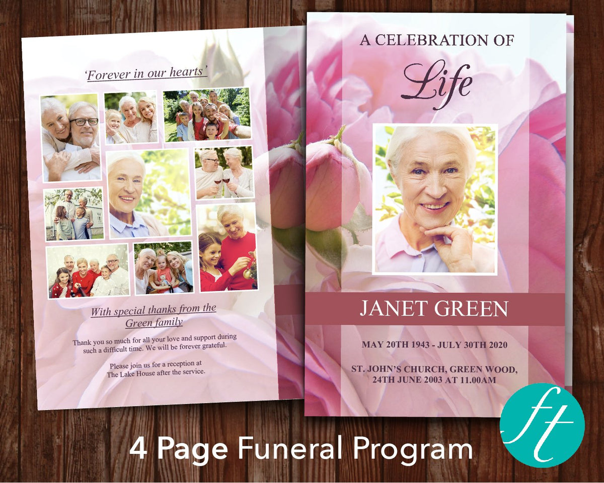 4 Page Pink Flowers Funeral Program Template Funeral Templates