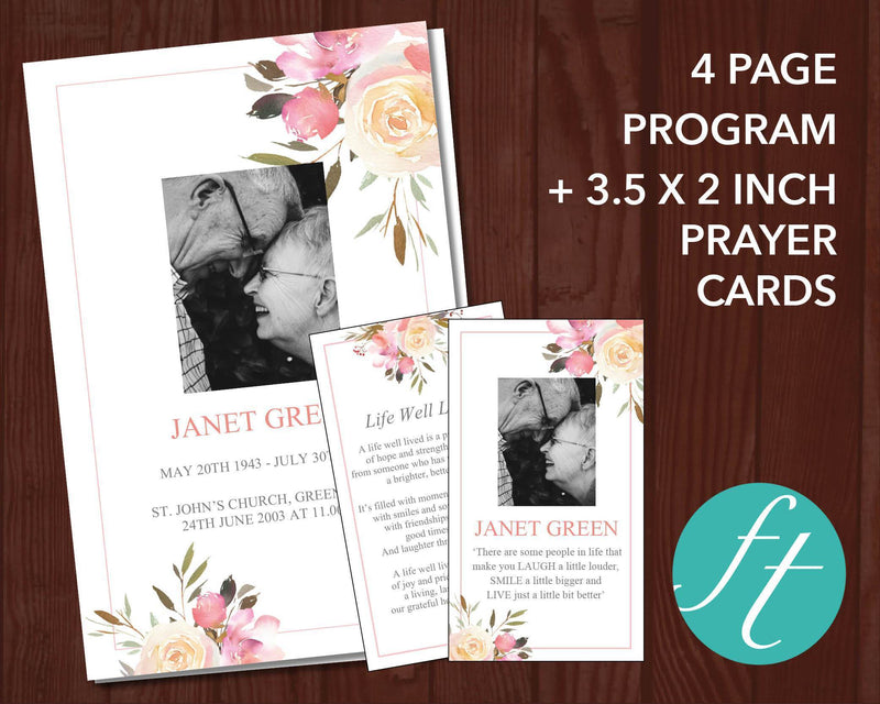 4 Page Spring Flowers Funeral Program Template Prayer Card