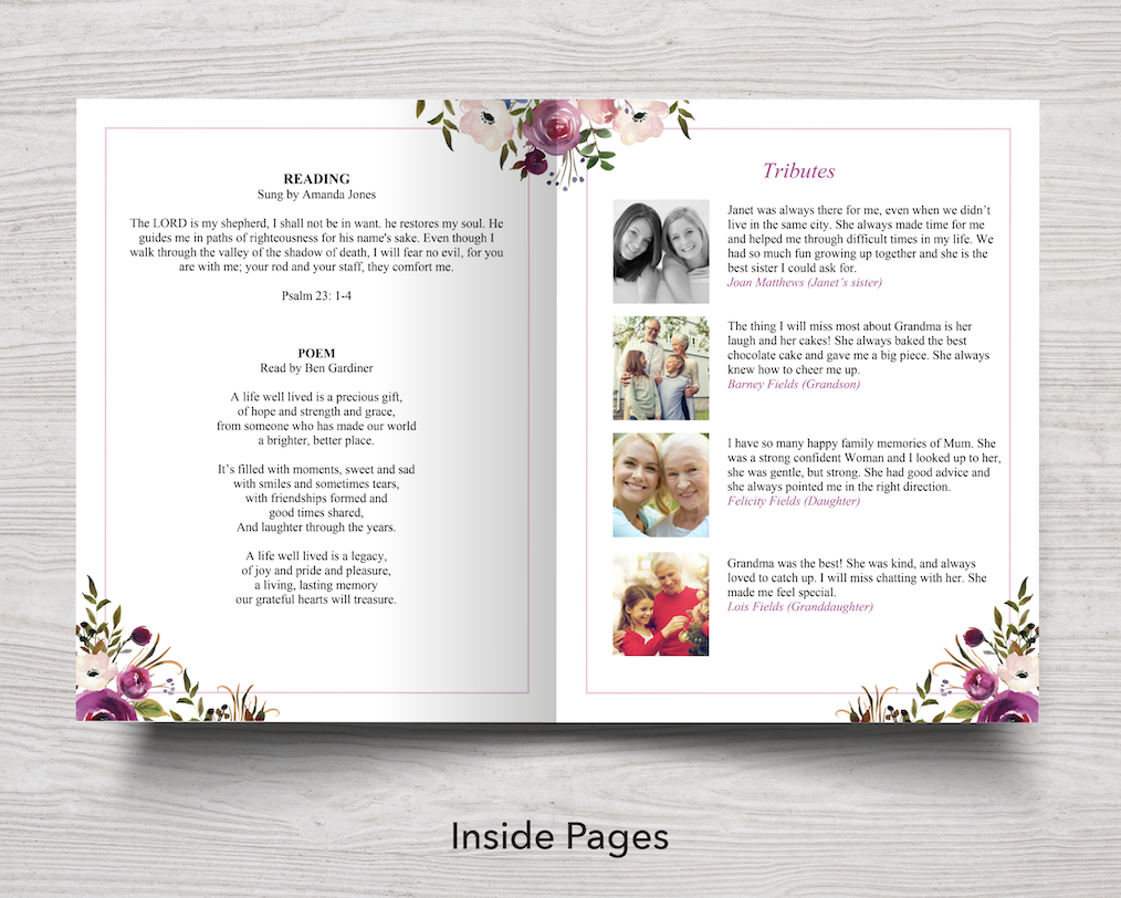 8 Page Floral Display Funeral Program Template (11 x 17 inches