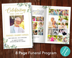 8 Page Green Leaf Funeral Program Template