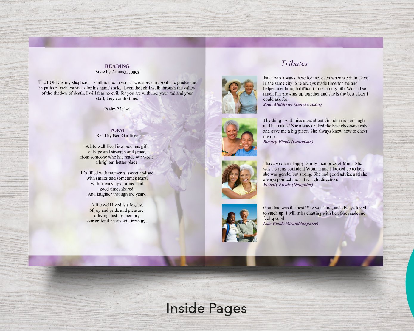 8 Page Purple Flowers Funeral Program Template 11 X 17 Inches