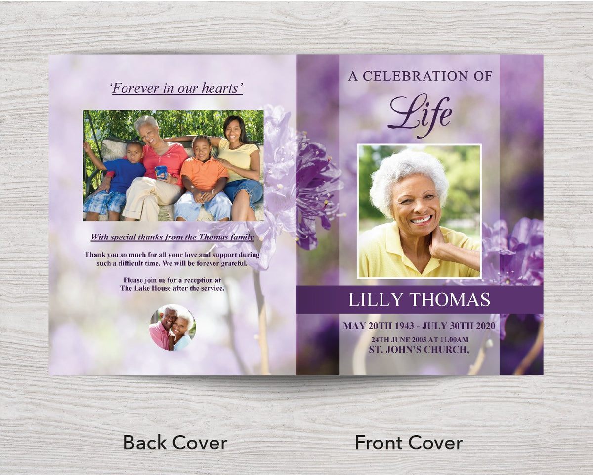 8 Page Purple Flowers Funeral Program Template (11 x 17 inches