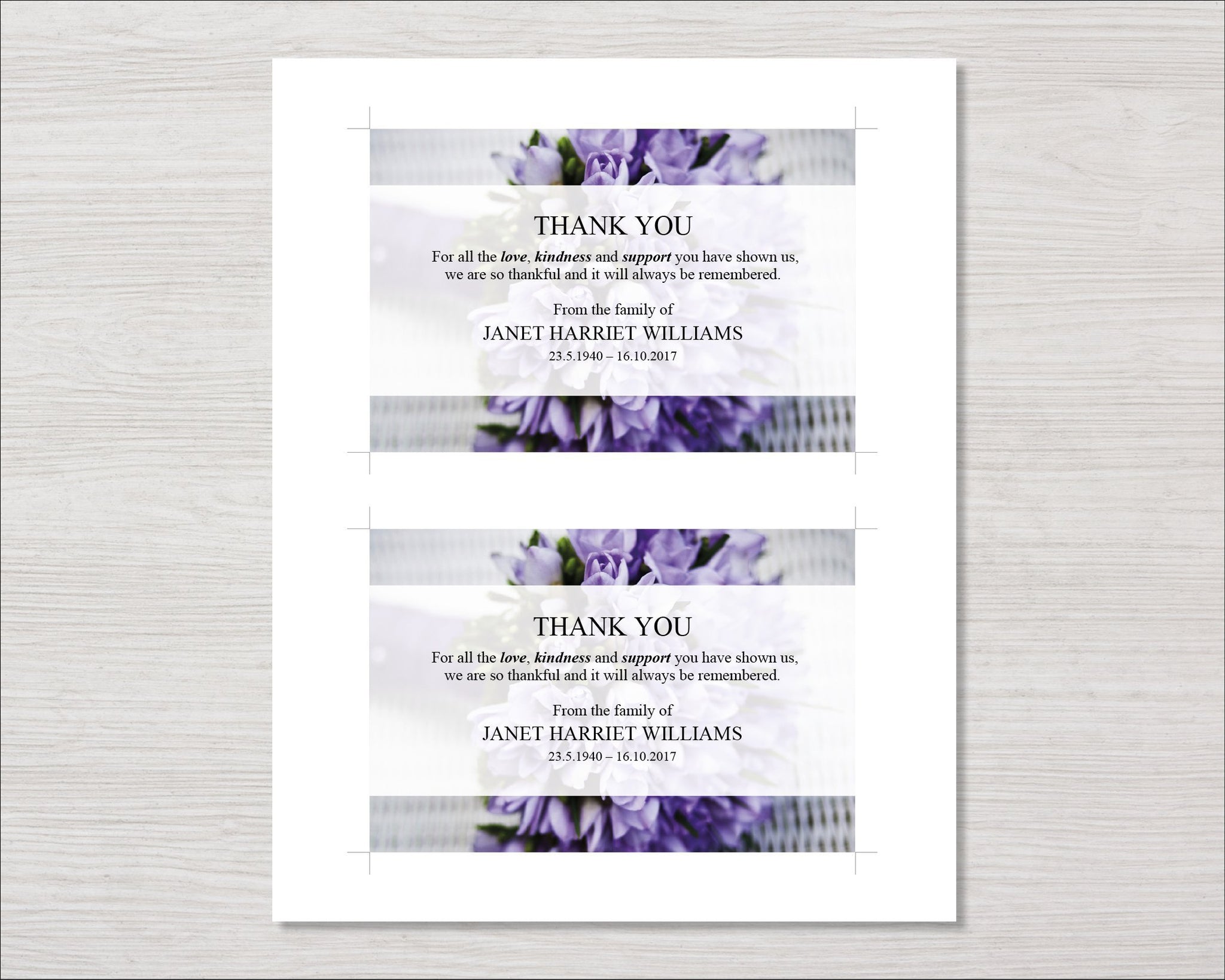 Funeral Thank You Card Purple Bouquet Funeral Templates