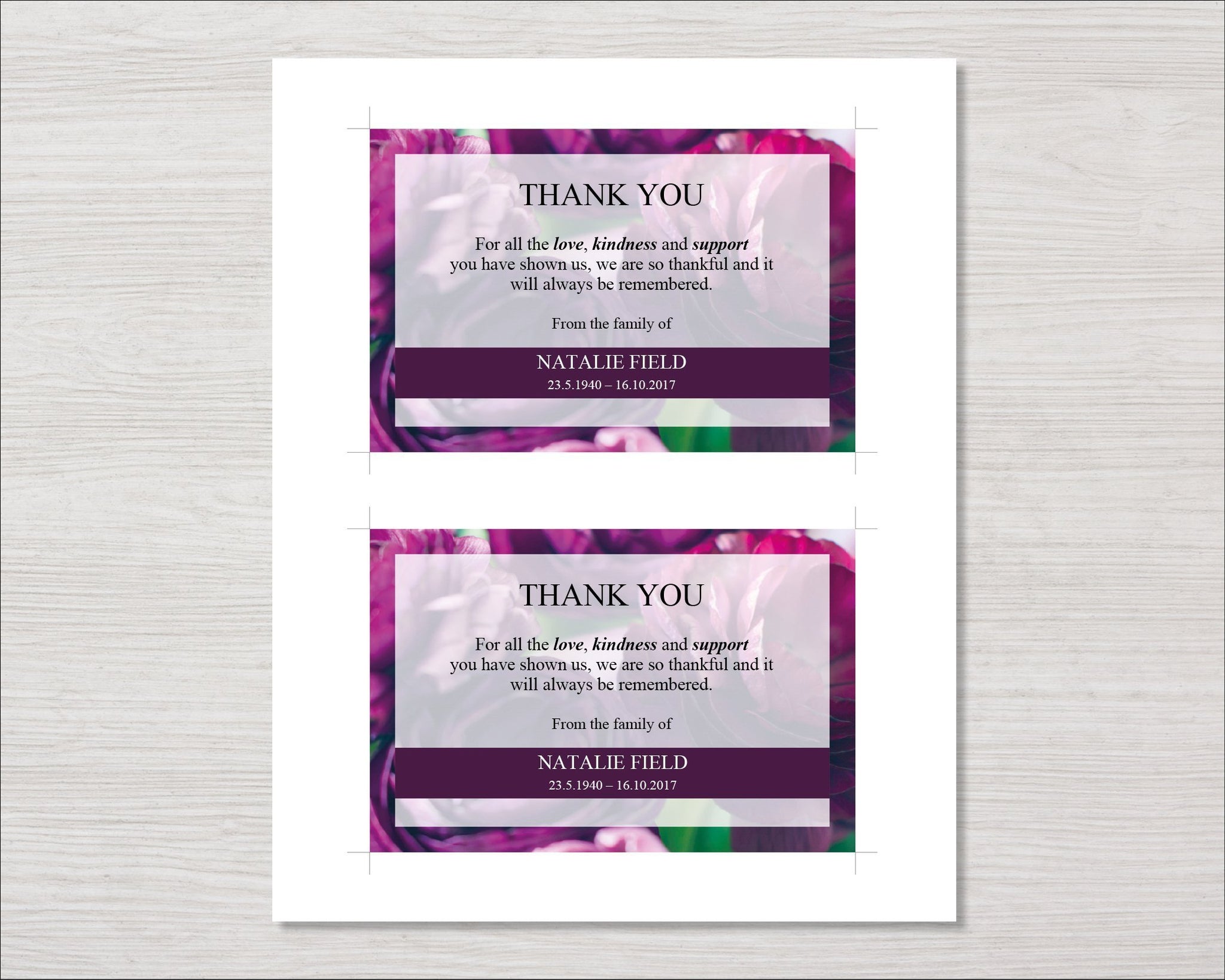 Funeral Thank You Card Purple Peonies Funeral Templates