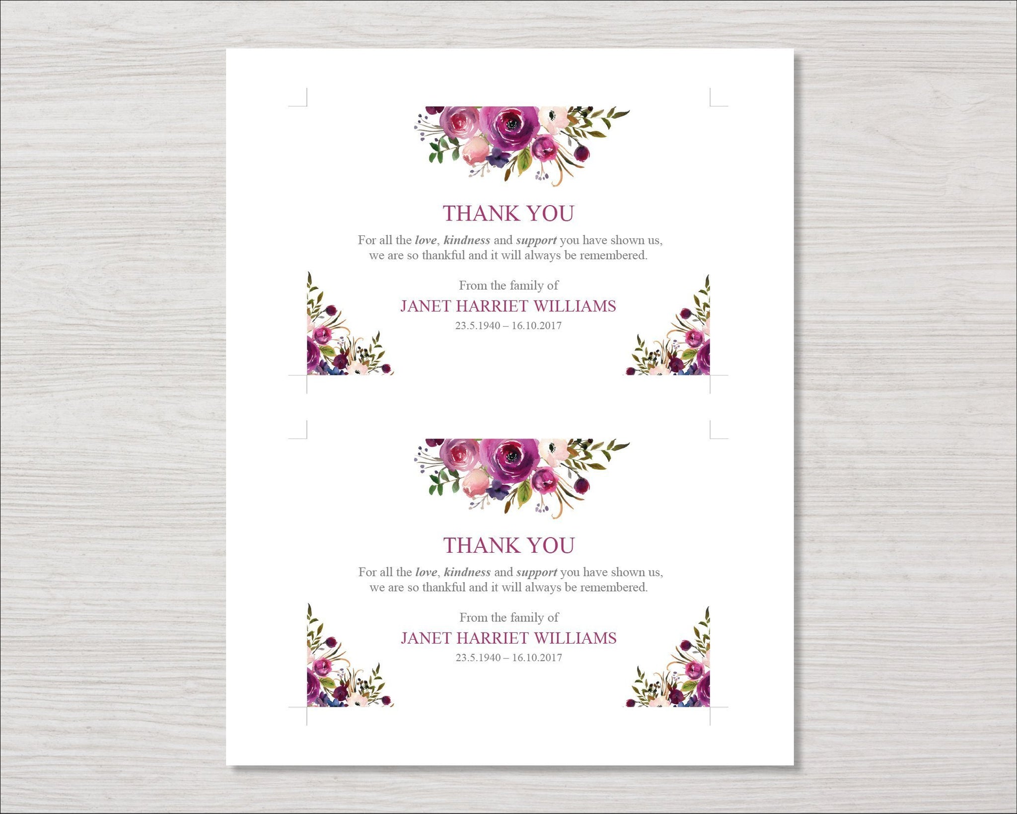 Funeral Thank You Card Purple Roses Funeral Templates