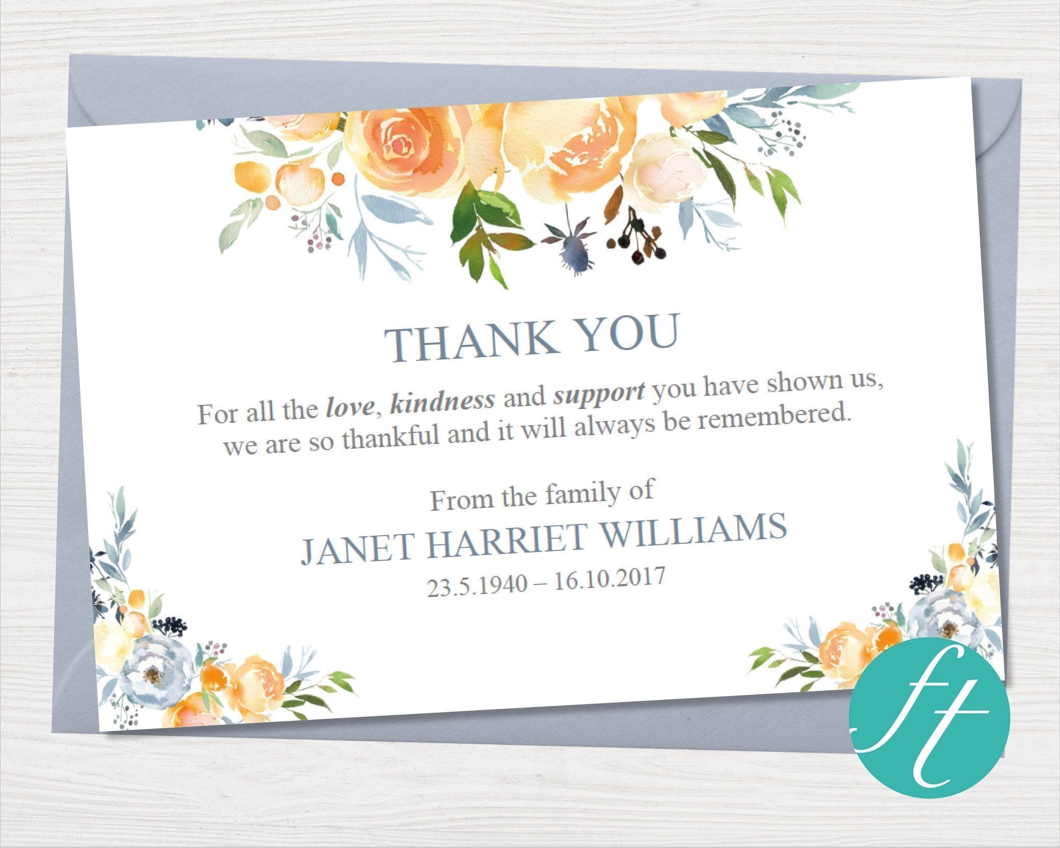 Yellow Rose Funeral Thank You Card With Sympathy Thank You Card Template