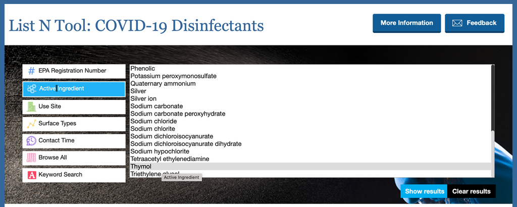 EPA list Thymol as active ingredient on their List N Tool for COVID-19 disinfectants