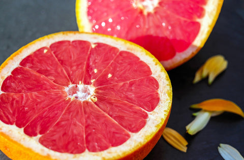 close up of ruby red grapefruit sliced 