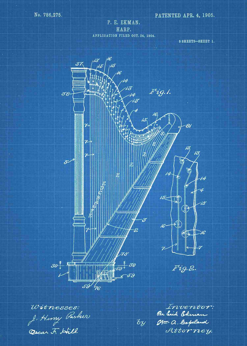 Harp Patent Print - Harp Instrument Poster | Patent Wall Art