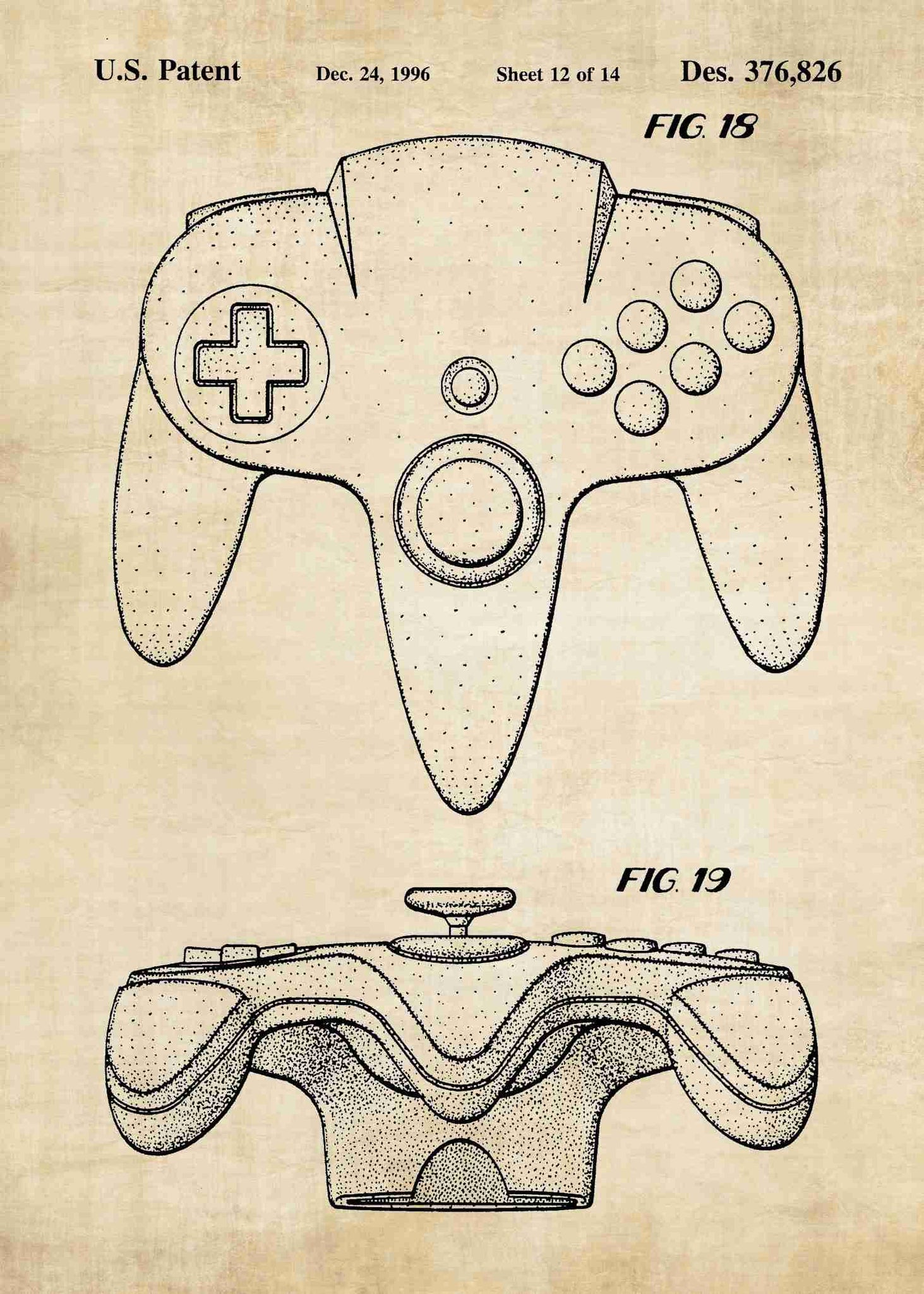 Nintendo 64 Controller Patent Print - N64 Poster | Patent Wall Art