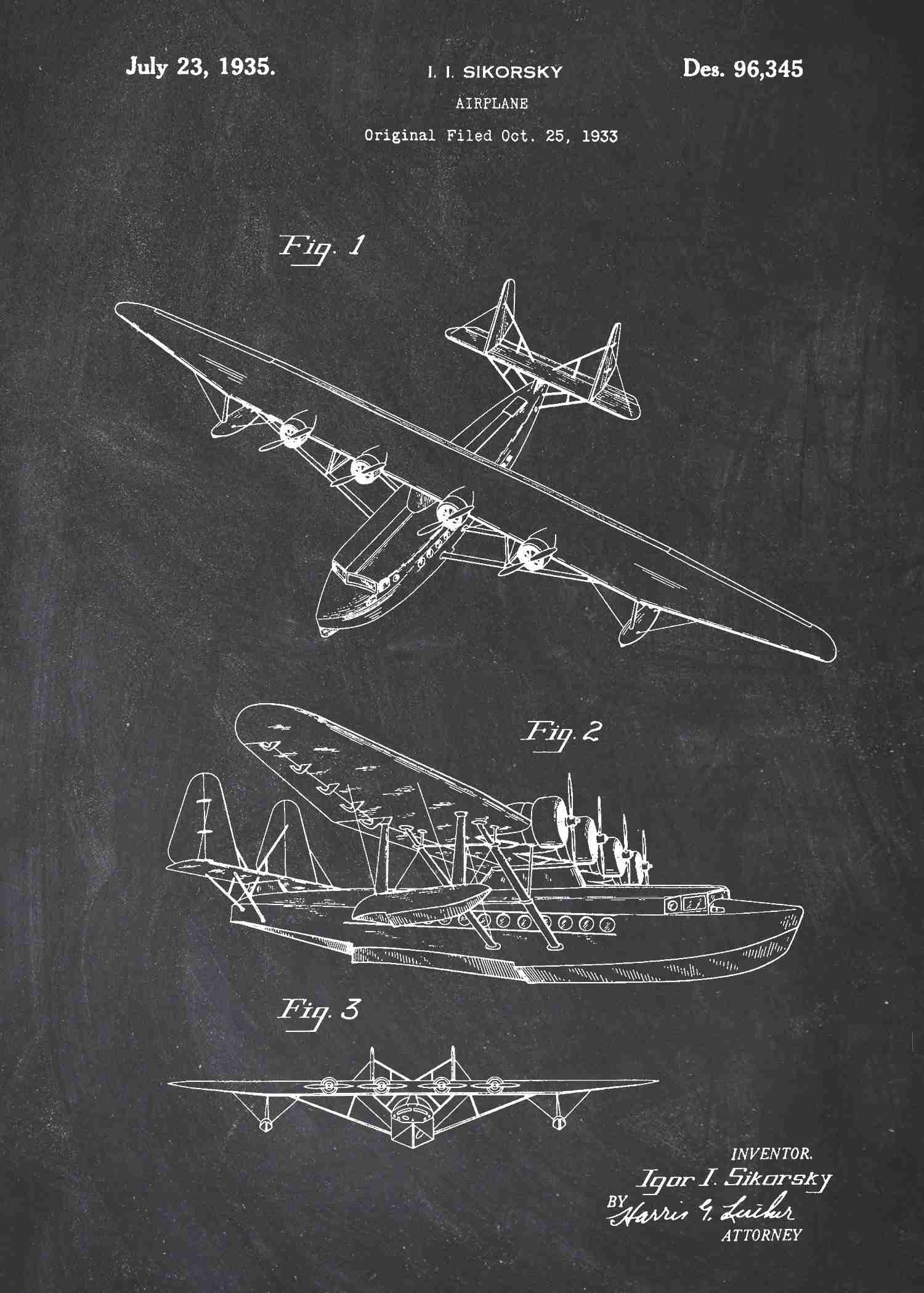 sikorsky seaplane patent print, sikorsky seaplane aviation poster in the style chalkboard