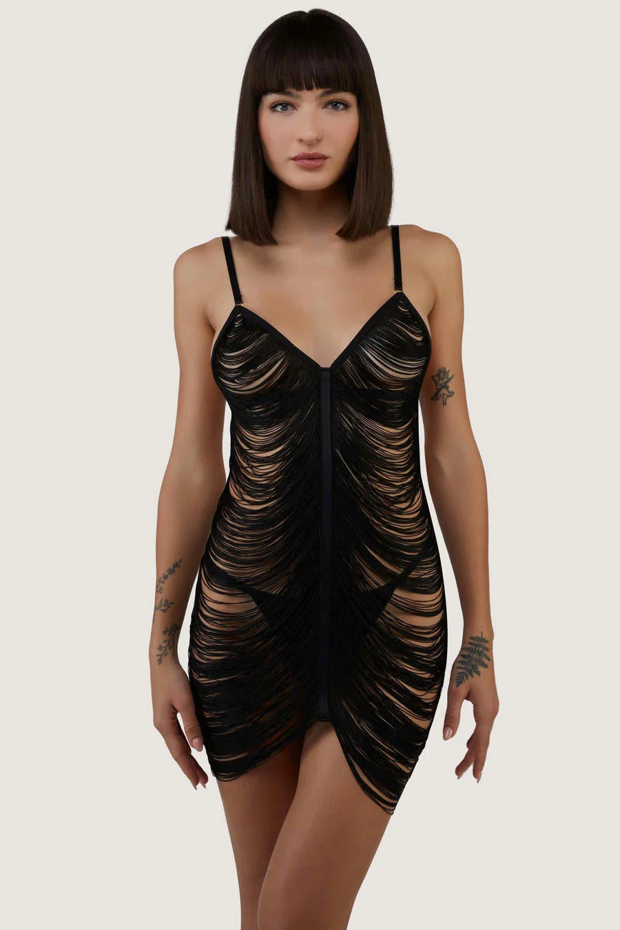 Kiera Black Fringe Dress & Thong By Playful Promises - 4-14