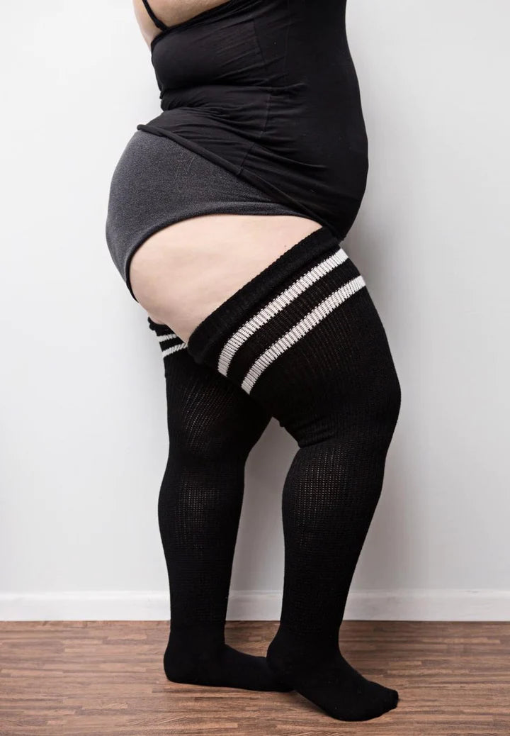 Thunda Thighs Thigh High Socks In Black with White Stripes