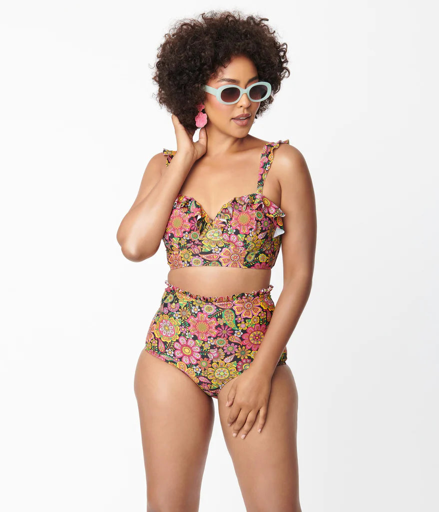 Kaleidoscope Floral Ruffle High Waist Bikini By Unique Vintage - S-4X