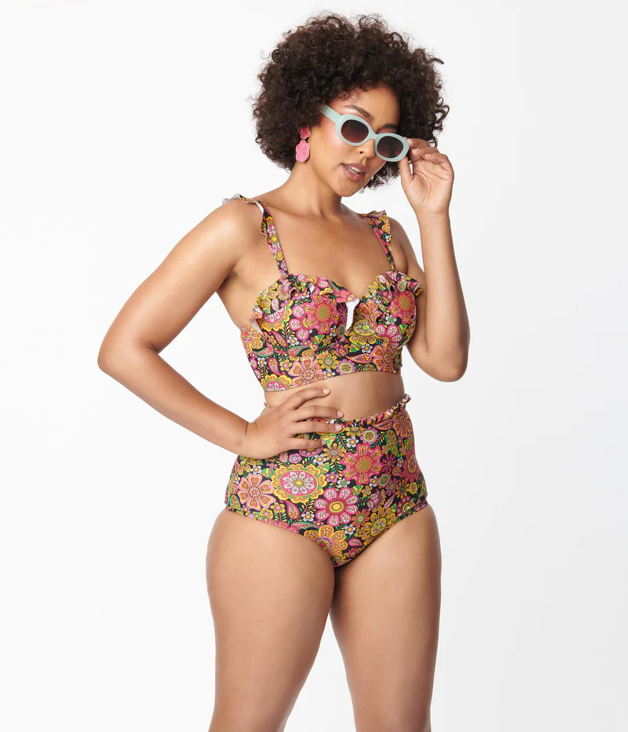 Kaleidoscope Floral Ruffle High Waist Bikini By Unique Vintage - S-4X