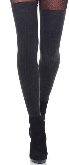 Ribbed Merino Wool Over The Knee Socks - Black, Ecru + Graphite