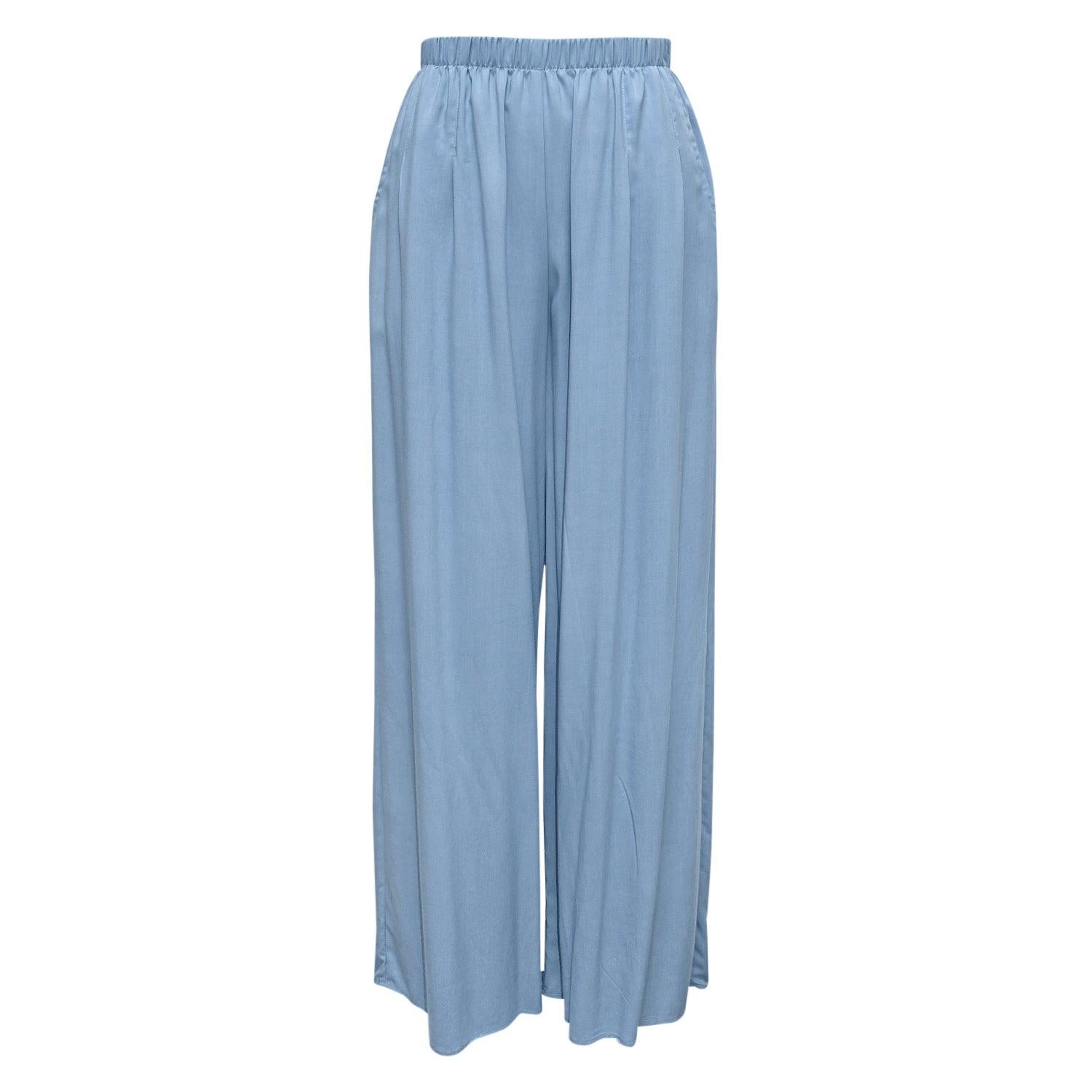 Solid Long Wide Leg Pants - Blue Gray