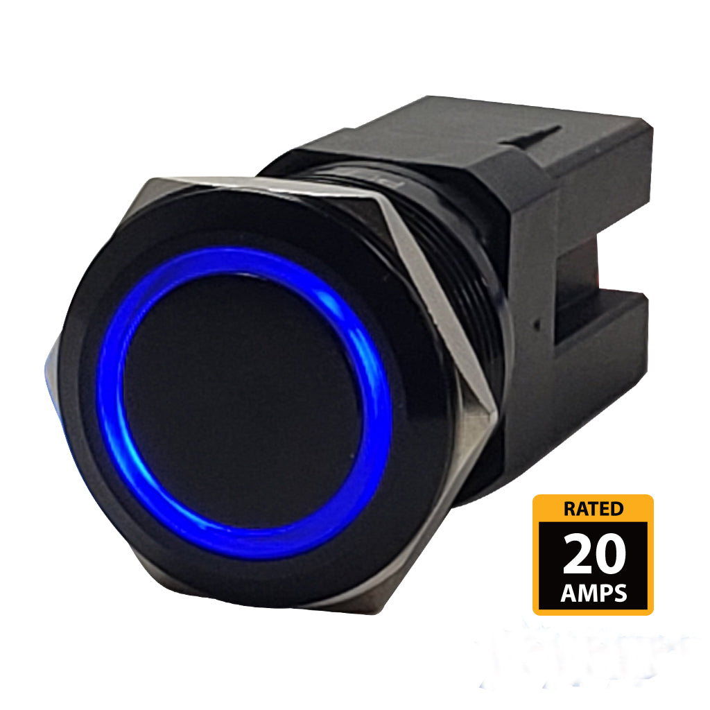 Marine Push Button Switch - Blue LED - 20A - Black Anodized - On/Off