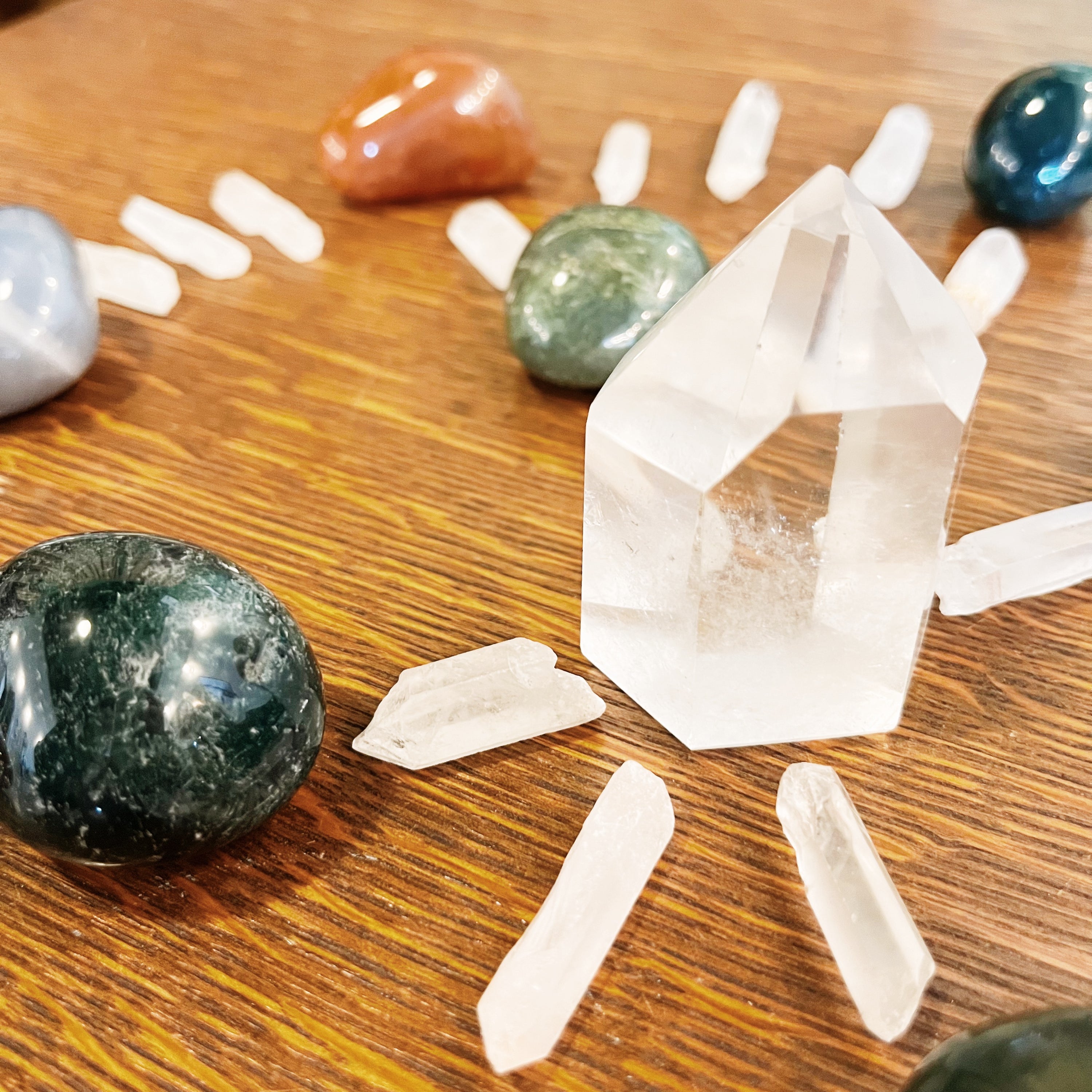 Healing Crystal Grid with Moss Agate, Carnelian, and Clear Quartz