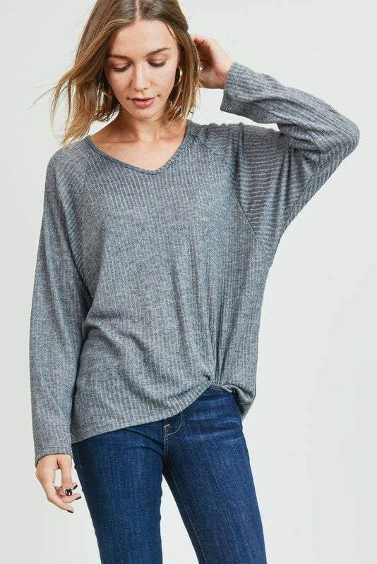 Soft Knit V-Neck Twist Back Pullover