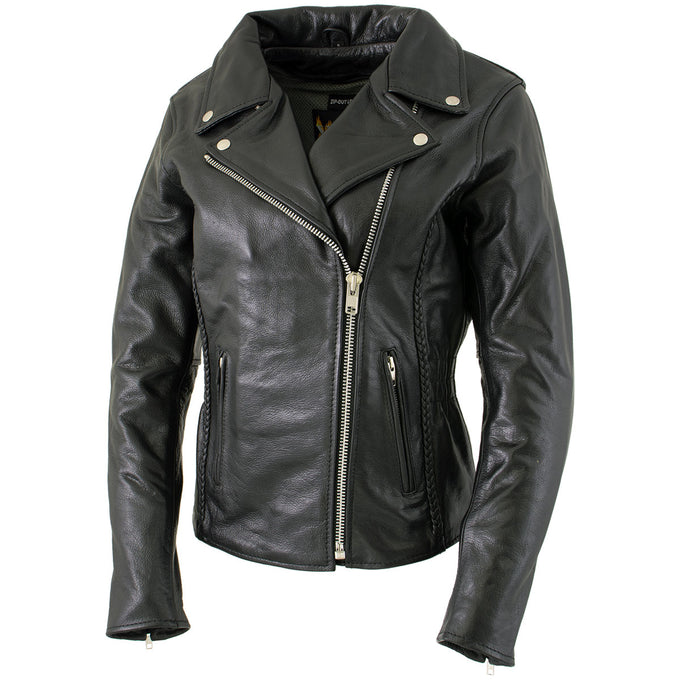 Xelement B8000 'Classic' Women's Black Leather Braided Jacket