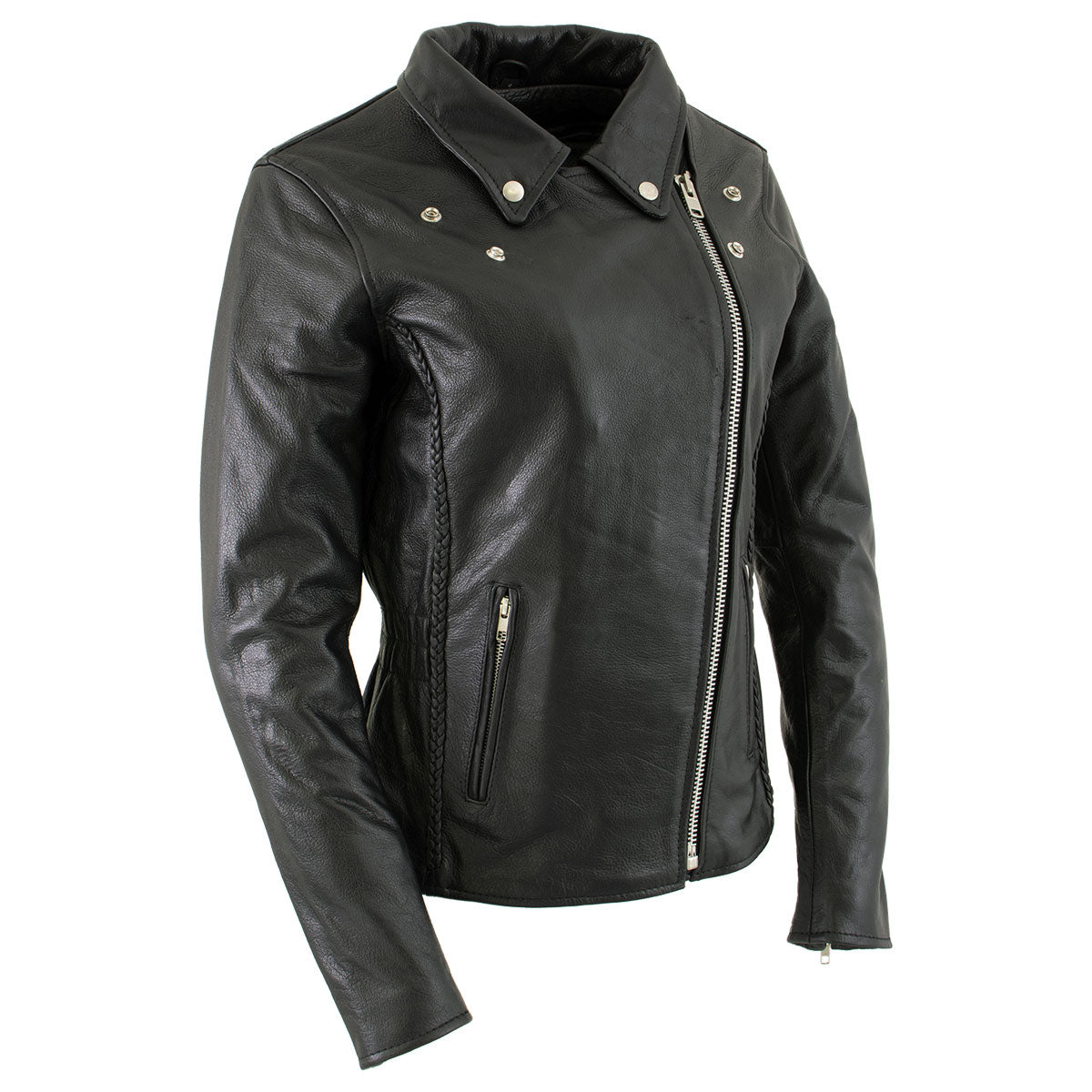 Xelement B8000 'Classic' Women's Black Leather Braided Jacket with Gun
