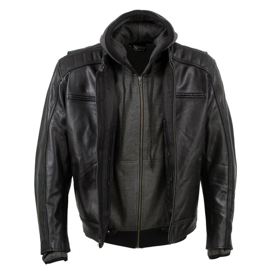 PrimeJackets Men's Hooded Leather Denim Jacket