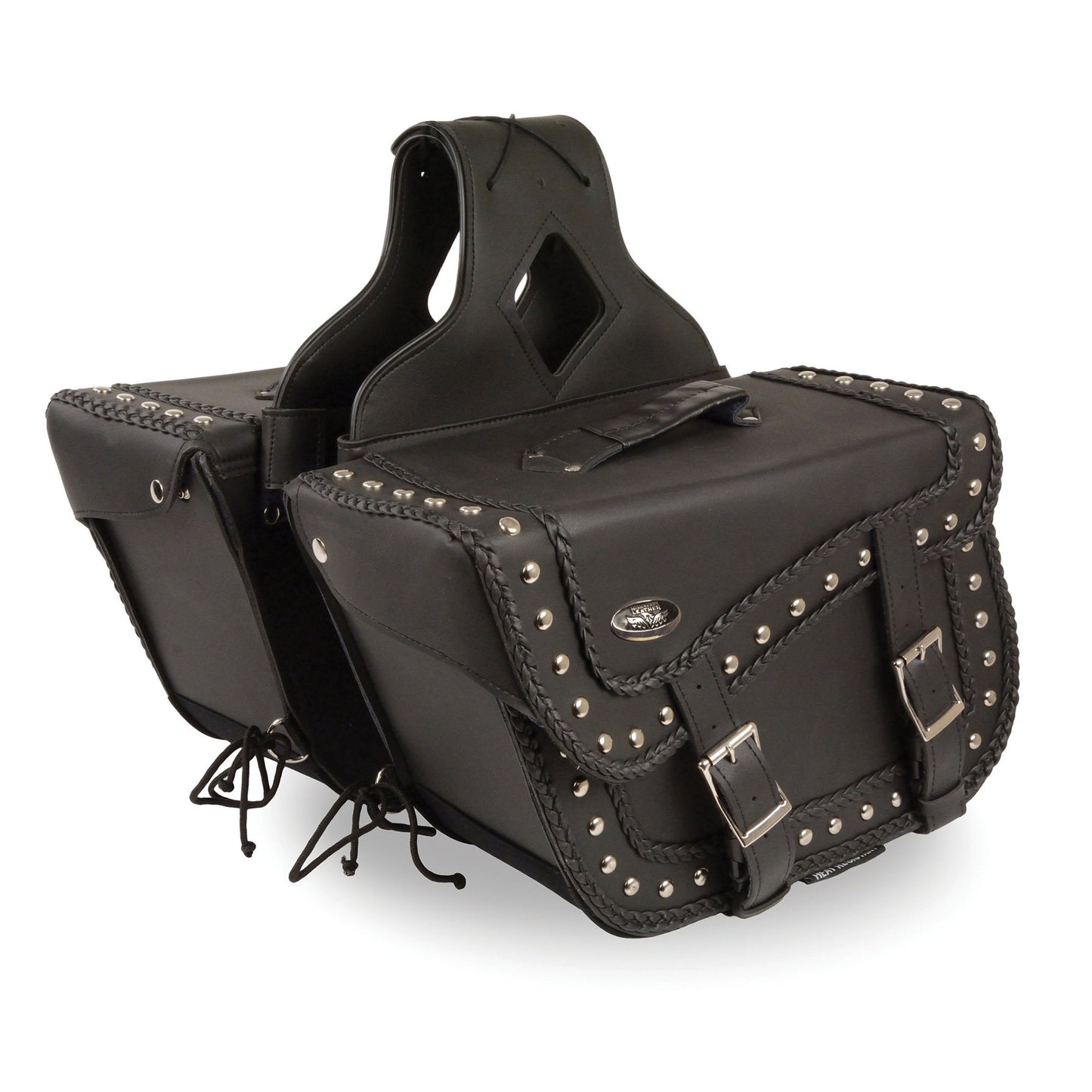 Milwaukee Leather SH66401ZB Black Large 'Studded and Braided' Zip-Off PVC Throw Over Motorcycle Saddle Bag
