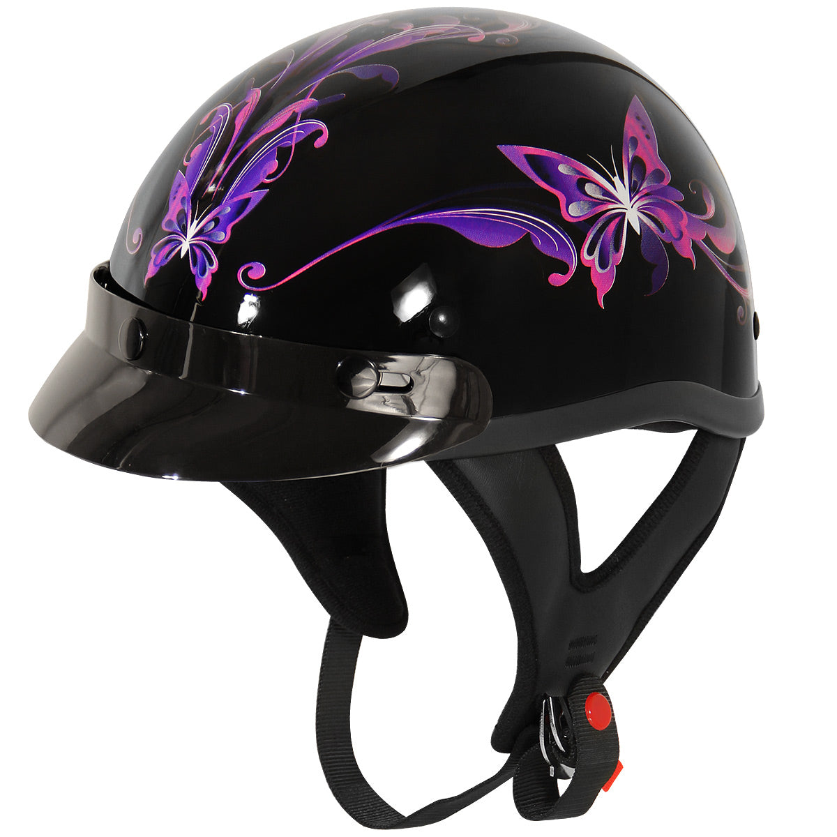 Outlaw Helmets T70 Glossy Black Purple Butterfly Motorcycle Half Helmet for Men & Women with Sun