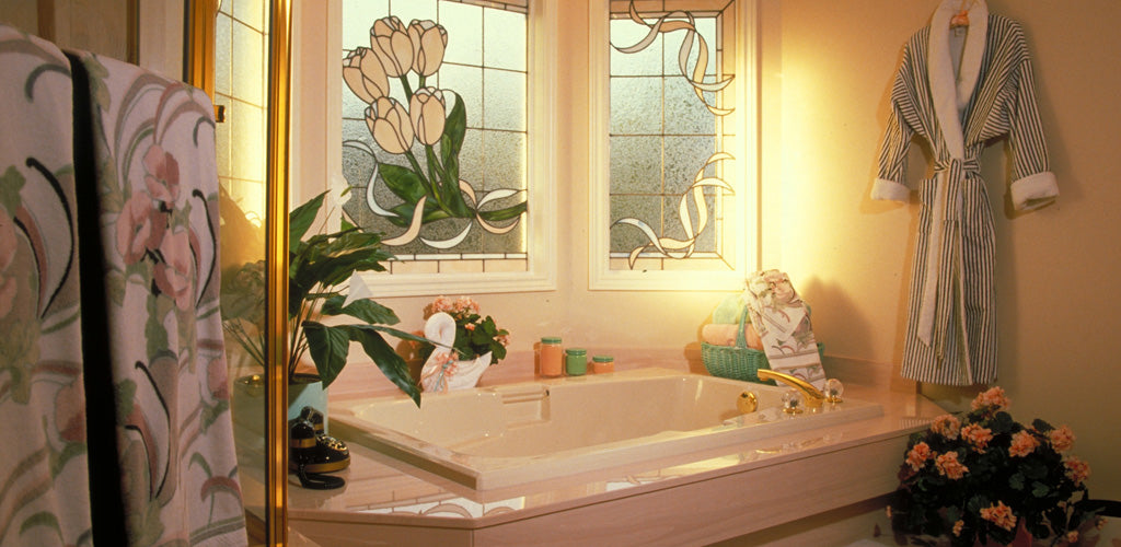 Luxury bathroom, with flowers and bathrobe matching.