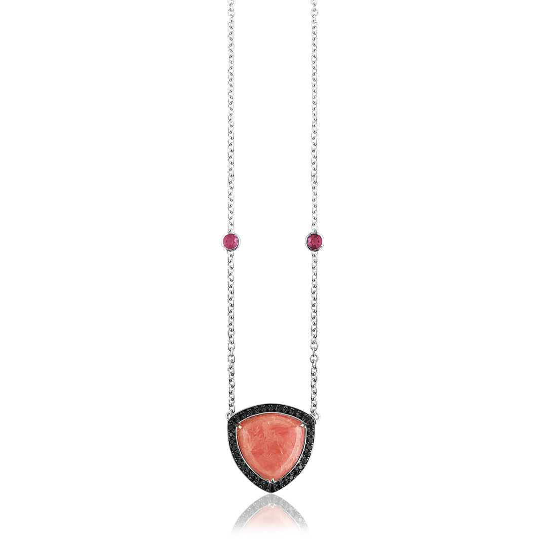 Sterling silver long necklace with spinel and rhodochrosite