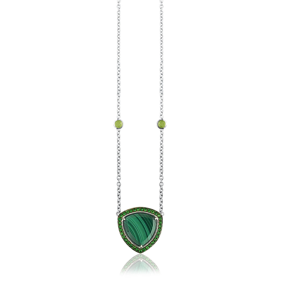 Sterling silver long necklace with green tsavorite and malachite