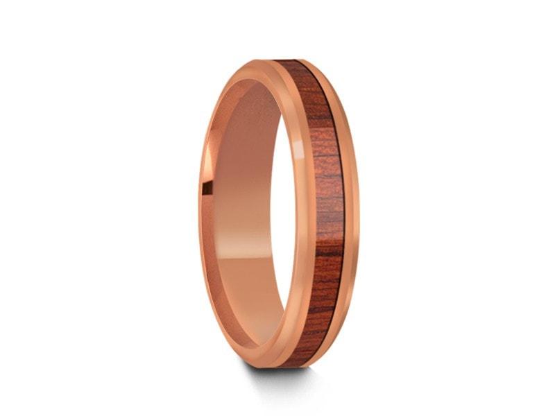 4mm Hawaiian Koa Wood Tungsten Wedding Band Beveled And Rose Gold