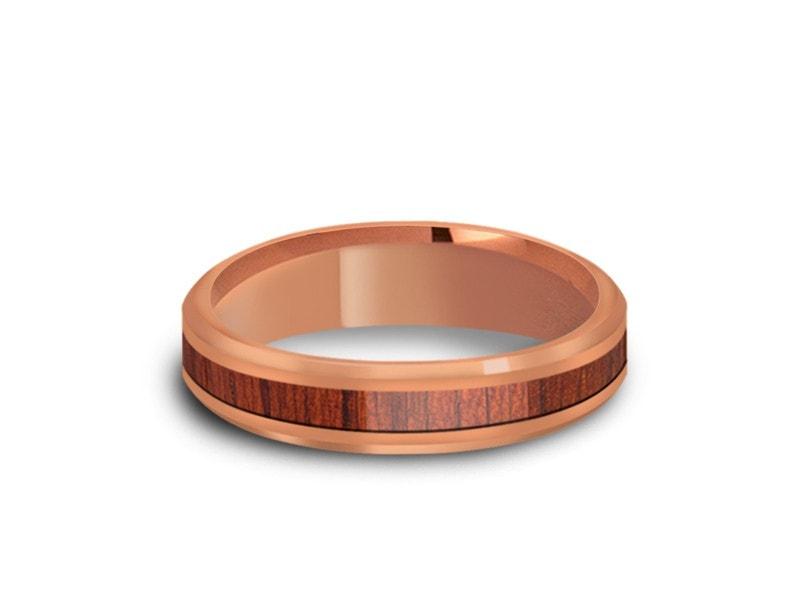 4mm Hawaiian Koa Wood Tungsten Wedding Band Beveled And Rose Gold