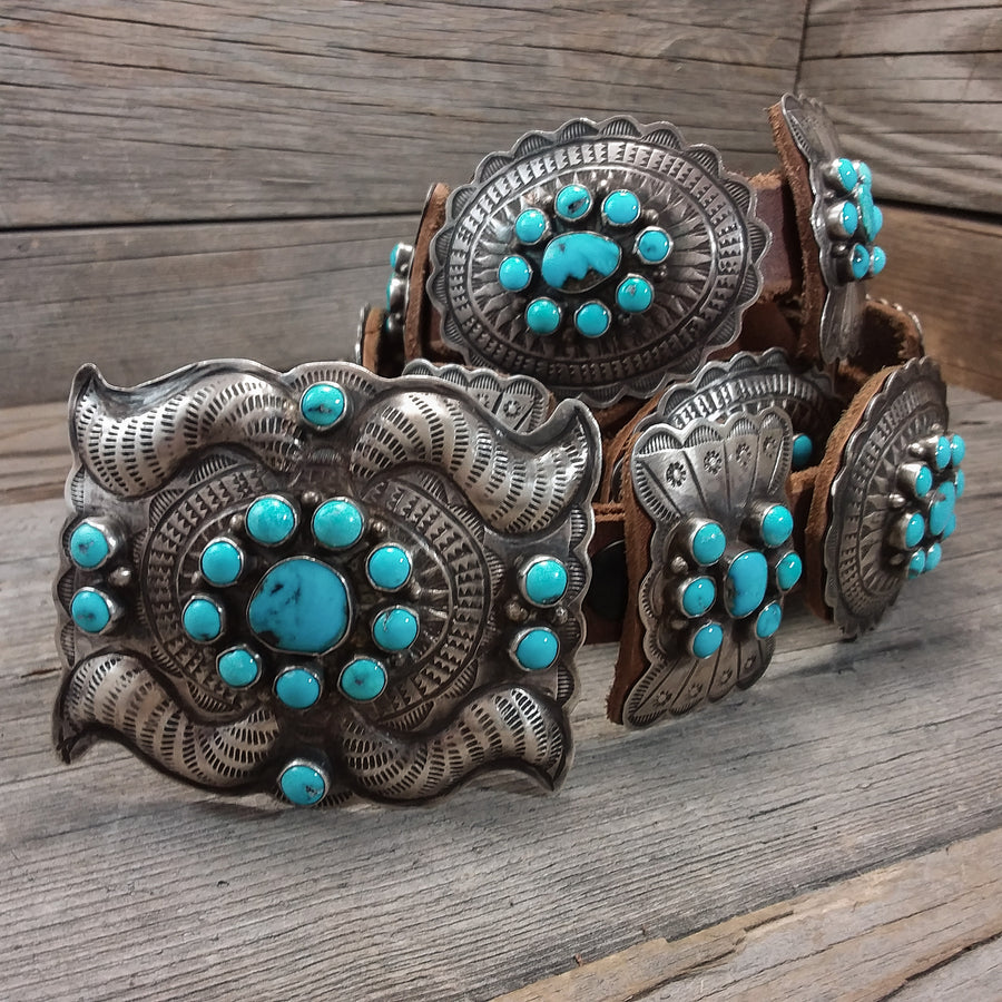 Turquoise Concho Belt by Dan Martinez – Santa Fe Silver Art