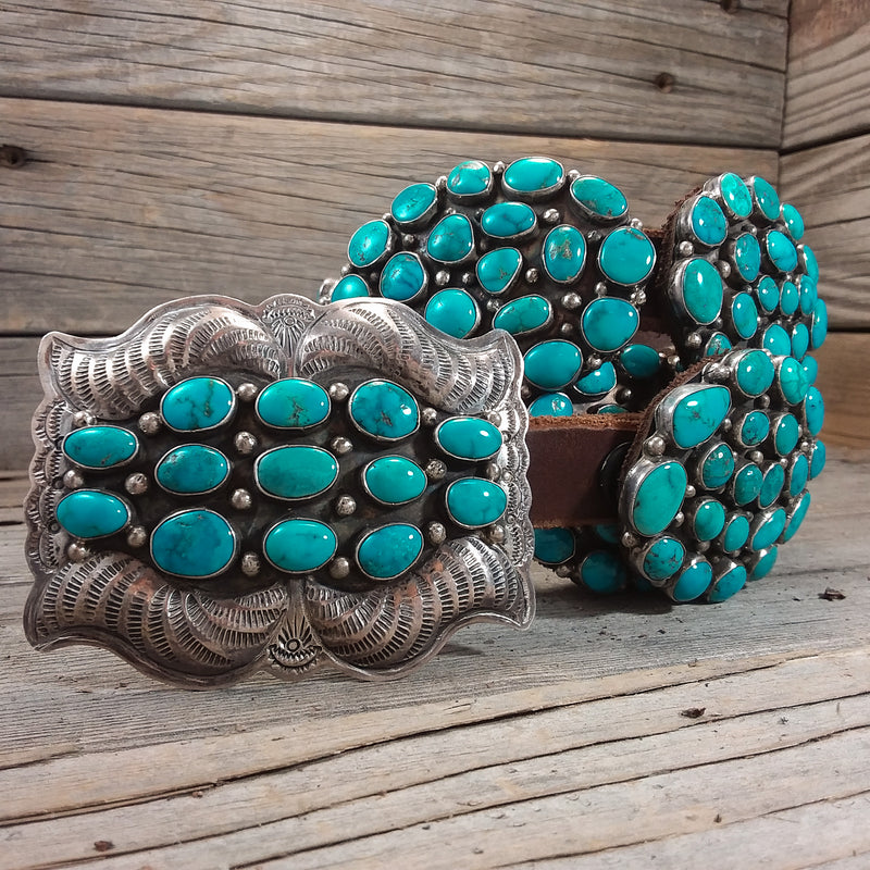 Turquoise Cluster Concho Belt – Santa Fe Silver Art