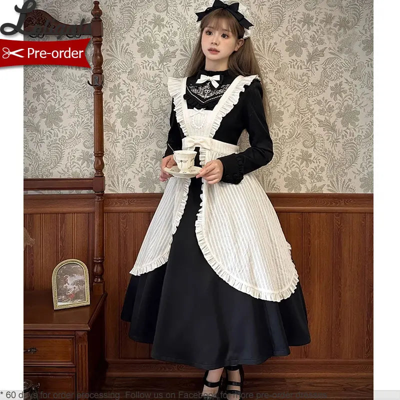 Cool Long Black Embroidered Lolita Dress w. Apron by Alice Girl ~ Pre-order