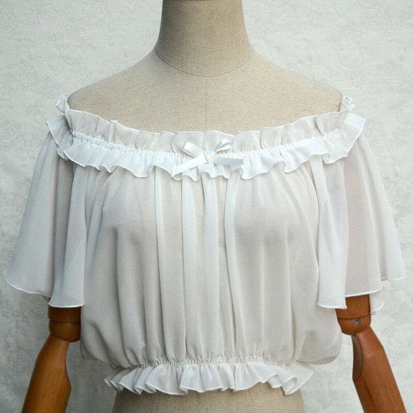 White Off the Shoulder Women's Chiffon Crop Top Short Batwing Sleeve ...