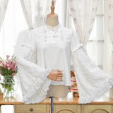Luxuriant Flowers ~White Long Flare Sleeve Lolita Blouse w. Mandarin Collar