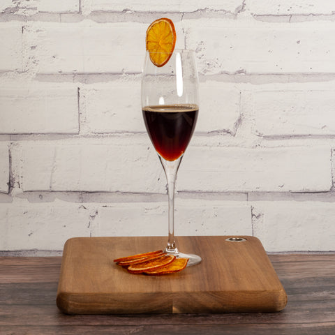 aperol coffee cocktail made with cold brew coffee plus a dehydrated orange wheel