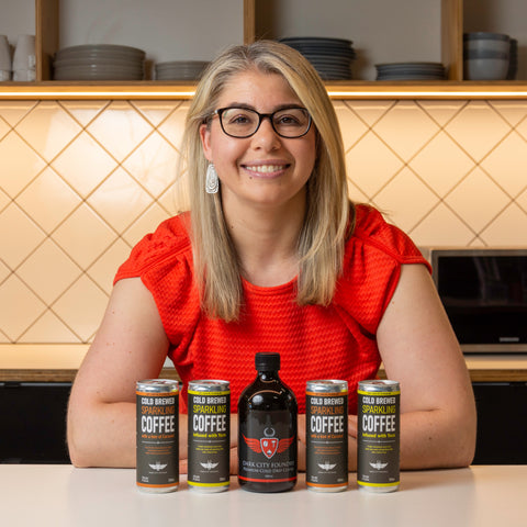 founder of Dark City Foundry coffee Anita Brodian pictured with her cold drip coffee product range