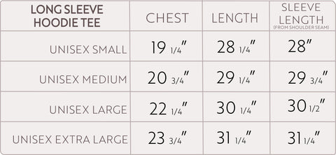 unisex sweatshirt size chart
