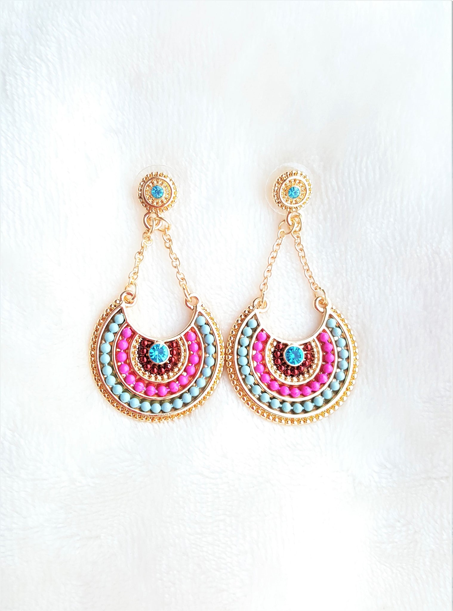 Earrings Ethnic Multicolored Resin Beads Rhinestone Gold Chain Fringe ...