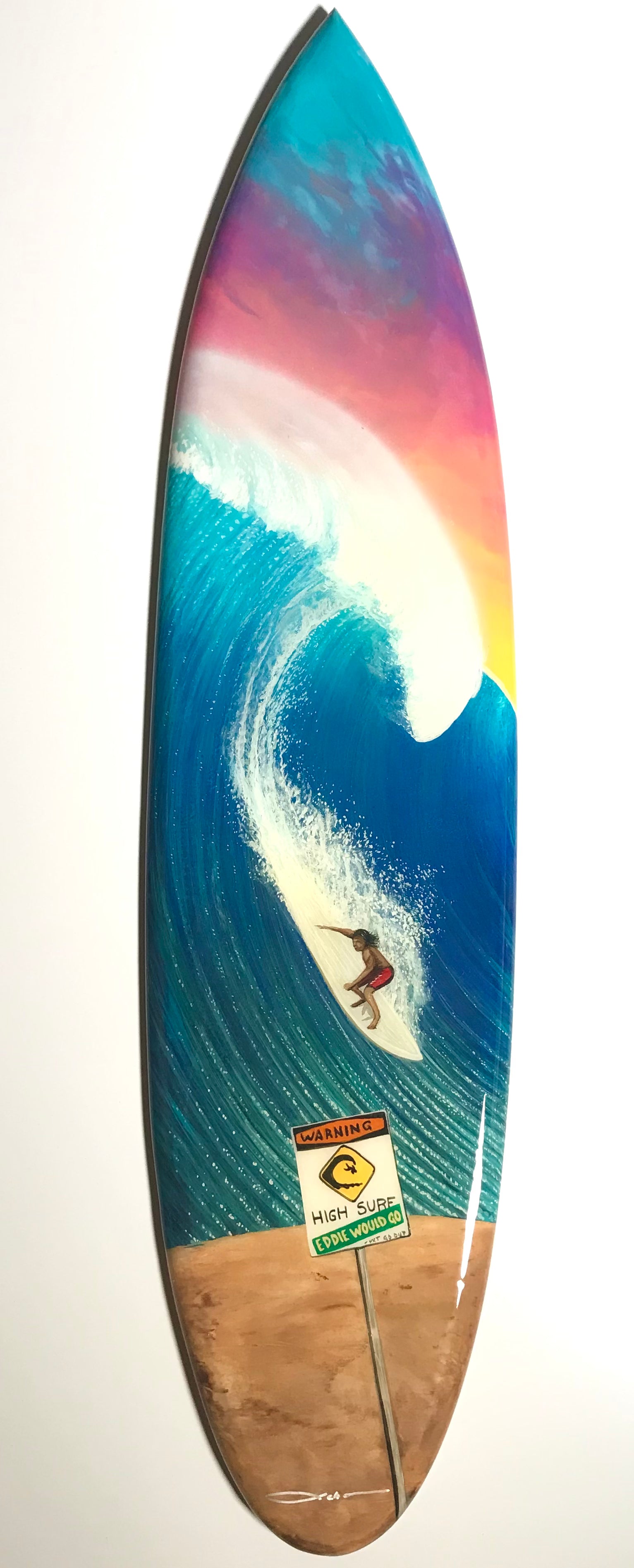 40" "Eddie Would Go”(SOLD) painting on mini Surfboard with Ep - SeboArt.com